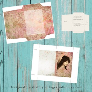 May include: Printable template for a vintage-style envelope with a floral pattern. The envelope is designed to be folded and glued together. The template includes instructions for folding and assembling the envelope.