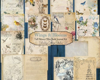 Wings & Blooms Tall  Skinny Junk Journal Printable - Slim Tall Digital Kit - Instant Download - Paper Crafting  - Journal Papers