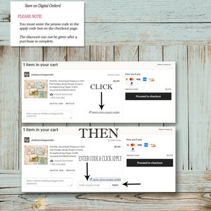 May include: A screenshot of a website showing how to apply a promo code at checkout. The text reads "Click" and then "Enter code & click apply".