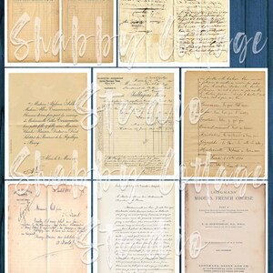 May include: A collage of vintage paper documents with handwritten text in French. The documents include a wedding announcement, a receipt, a letter, and a page from a French language textbook. The documents are aged and have a yellowed appearance.