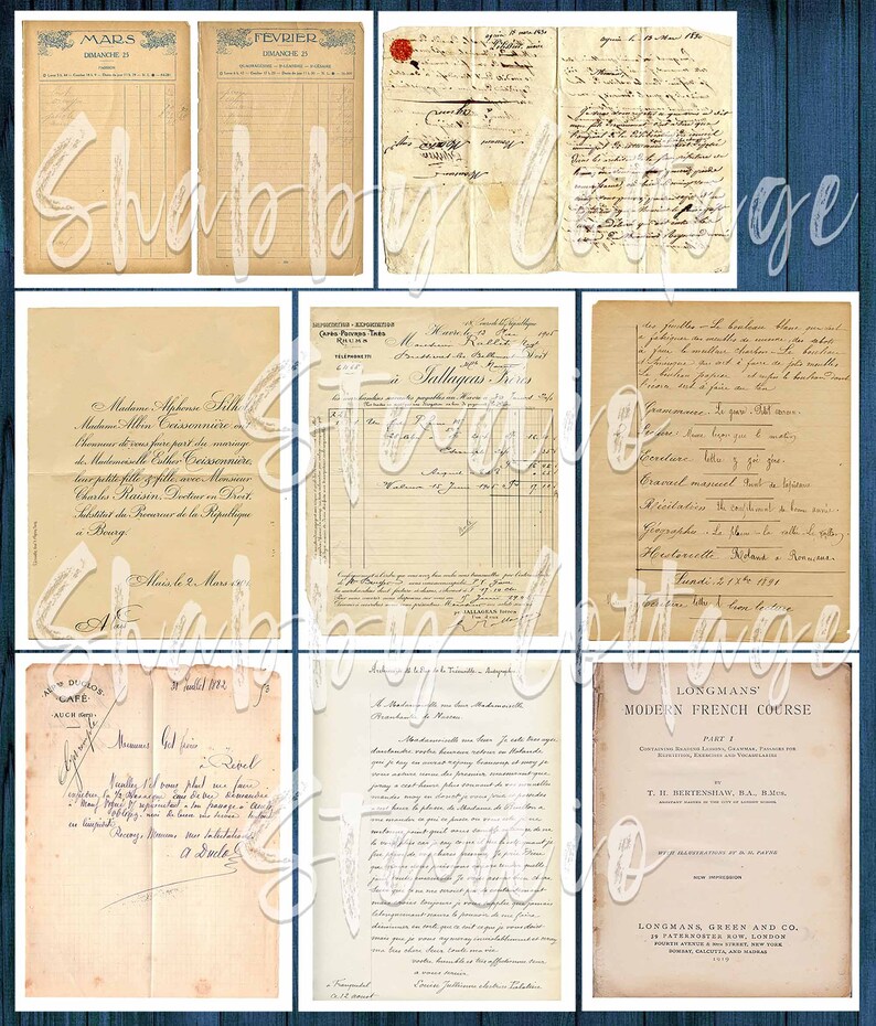May include: A collage of vintage paper documents with handwritten text in French. The documents include a wedding announcement, a receipt, a letter, and a page from a French language textbook. The documents are aged and have a yellowed appearance.