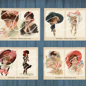 Peut inclure: Quatre illustrations vintage de femmes portant des chapeaux. Les illustrations sont en format collage, chaque image &eacute;tant divis&eacute;e en deux sections. Les femmes portent toutes des chapeaux de styles diff&eacute;rents, notamment un grand chapeau &agrave; larges bords, un petit chapeau rond et un chapeau &agrave; large bord souple. Les illustrations sont de style vintage, avec une palette de couleurs douces et tamis&eacute;es.