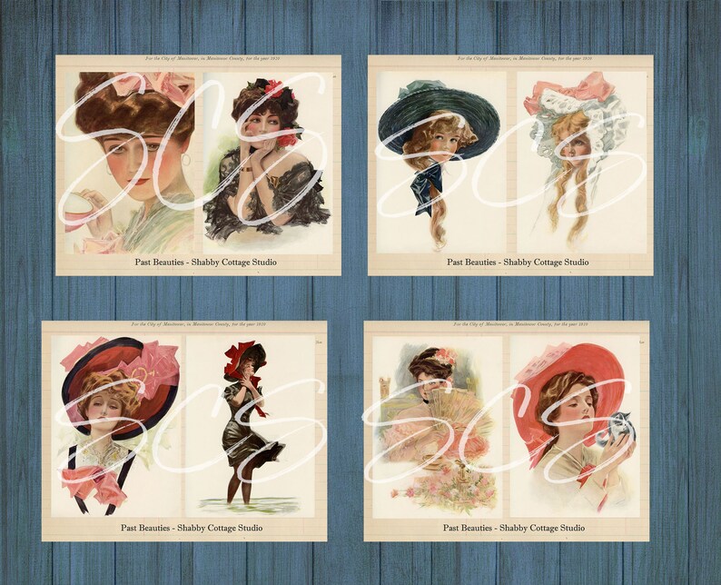 Peut inclure: Quatre illustrations vintage de femmes portant des chapeaux. Les illustrations sont en format collage, chaque image &eacute;tant divis&eacute;e en deux sections. Les femmes portent toutes des chapeaux de styles diff&eacute;rents, notamment un grand chapeau &agrave; larges bords, un petit chapeau rond et un chapeau &agrave; large bord souple. Les illustrations sont de style vintage, avec une palette de couleurs douces et tamis&eacute;es.