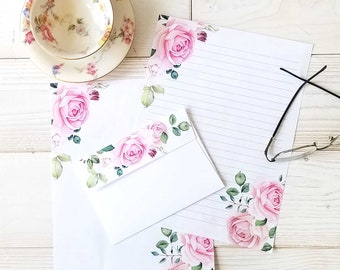 Pink Roses Digital Stationery Set 8.5 x 11  Printable  Writing Paper with Envelope - Unlined and Lined Note Paper - Instant Digital Download