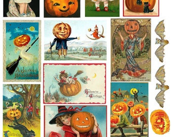 Halloween Jack O Laterne Digital Collage Sheet - Printable Instant Download - Paper Crafting - Journal Ephemera - Vintage Halloween Bilder