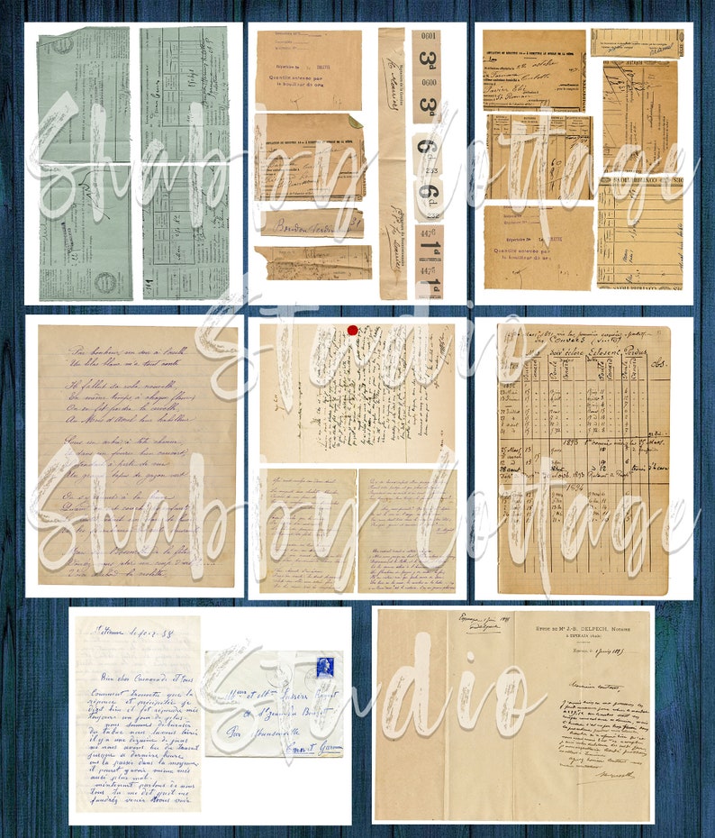 May include: A collection of vintage paper ephemera, including handwritten letters, receipts, and envelopes. The papers are aged and have a distressed look, with faded ink and torn edges. The papers are perfect for scrapbooking, card making, or other crafting projects.