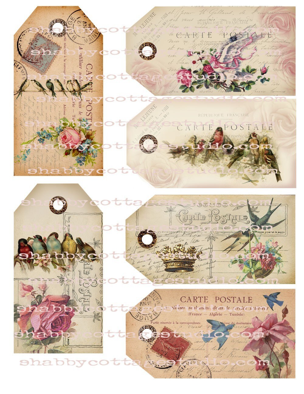 INSTANT DOWNLOAD Digital TAGS U Print Floral and Bird Postcard