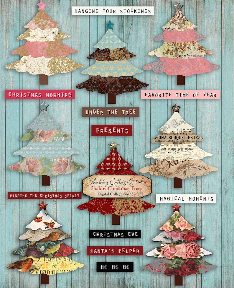 Journal Elements Digital Collage Sheet - Printable Download - Shabby Chic Christmas Tree Tags - Digital Scrapbooking - Paper Crafting image 1