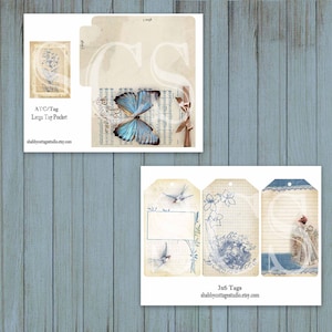 May include: A set of printable digital scrapbook paper featuring a blue butterfly, birds, and a vintage lady. The paper is designed for use with a large tag pocket and three 3x6 inch tags.