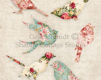 PRINTABLE DIGITAL Floral Birds 2 Tags Banners Scrapbooking Journals Embellishment Cards Paper Crafts