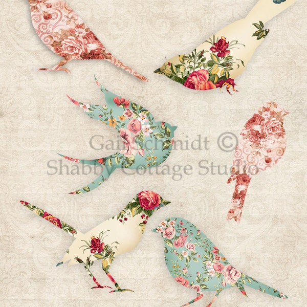 PRINTABLE DIGITAL Floral Birds 2 Tags Banners Scrapbooking Journals Embellishment Cards Paper Crafts