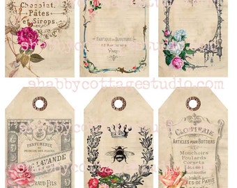 INSTANT DOWNLOAD Digital TAGS Collage Sheet French Labels and Roses