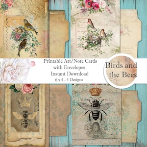 Instant Printable Digital Art or Note Cards with Envelopes - Vintage Style - Birds and Bees - Paper Craft - Journal Pages - Digital Paper