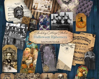 Halloween Ephemera Digital - Junk Journal Ephemera Pack - Coisas efêmeras para impressão - Etiquetas, envelopes, bolsos de Halloween - Artesanato em papel assustador