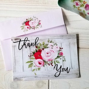 Printable Digital Thank You Card with Roses - Instant Digital Download - Blank Greeting Card with Envelope -  Ready to Print and Cut