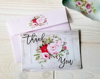 Printable Digital Thank You Card with Roses - Instant Digital Download - Blank Greeting Card with Envelope -  Ready to Print and Cut