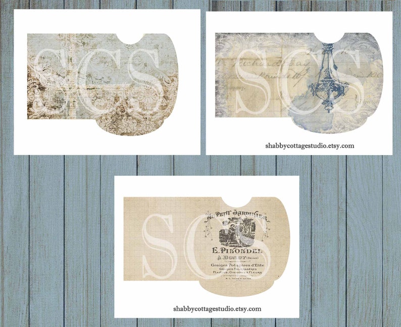 May include: Three printable digital download tags with a vintage, distressed, and faded look. Each tag features a different design with the letters "SCS" in a white font. The first tag has a blue and brown background with a floral pattern. The second tag has a light blue and brown background with a chandelier design. The third tag has a light brown background with a floral design and the text "Le Petit Jardin E. Pikordel A. Deur et Fenetres" in black font.
