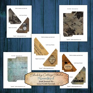 Pode incluir: Um kit de di&aacute;rio de sucata imprim&iacute;vel com um tema assustador. O kit inclui quatro designs diferentes com imagens de uma caveira, um corvo, um cart&atilde;o de tar&ocirc; e um tabuleiro Ouija. Cada design tem uma aba inferior e lateral dobr&aacute;vel, um bolso de canto esquerdo e um bolso de canto direito. O texto "Spooked" &eacute; impresso em uma fonte vintage.