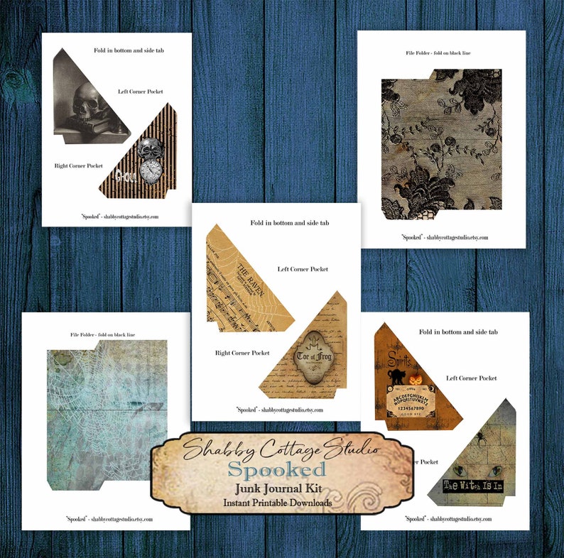 Pode incluir: Um kit de di&aacute;rio de sucata imprim&iacute;vel com um tema assustador. O kit inclui quatro designs diferentes com imagens de uma caveira, um corvo, um cart&atilde;o de tar&ocirc; e um tabuleiro Ouija. Cada design tem uma aba inferior e lateral dobr&aacute;vel, um bolso de canto esquerdo e um bolso de canto direito. O texto "Spooked" &eacute; impresso em uma fonte vintage.