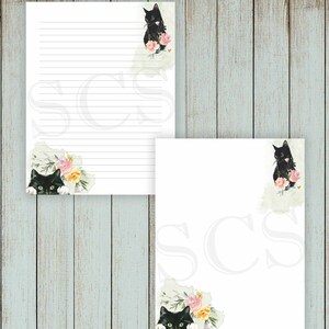 May include: Two black cats peeking out from behind bouquets of pink and yellow flowers. The cats are on white stationery with lined paper. The stationery has the letters "SCS" in a faded gray font.