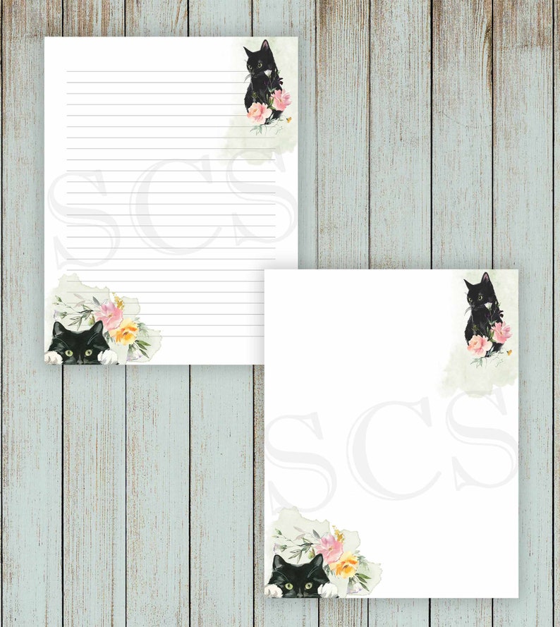 May include: Two black cats peeking out from behind bouquets of pink and yellow flowers. The cats are on white stationery with lined paper. The stationery has the letters "SCS" in a faded gray font.