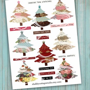 May include: A printable sheet of Christmas tree images with different patterns and text. The text includes "Hanging Your Stockings", "Christmas Morning", "Favorite Time of Year", "Under the Tree", "Presents", "Keeping the Christmas Spirit", "Magical Moments", "Christmas Eve", "Santa's Helper", and "Ho Ho Ho".
