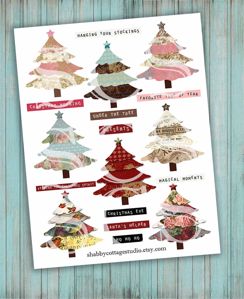 May include: A printable sheet of Christmas tree images with different patterns and text. The text includes "Hanging Your Stockings", "Christmas Morning", "Favorite Time of Year", "Under the Tree", "Presents", "Keeping the Christmas Spirit", "Magical Moments", "Christmas Eve", "Santa's Helper", and "Ho Ho Ho".