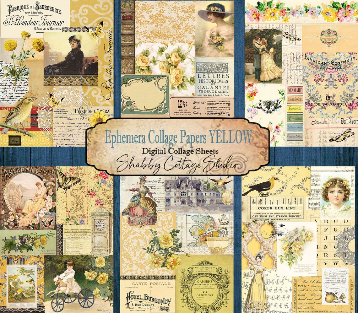 Ephemera Collage Papers Yellow - Printable Paper Pack - Digital Tear ...