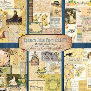 Ephemera Collage Papers Geel - Printable Paper Pack - Digital Tear Sheet - Instant Download - Paper Craft - Journal Ephemera
