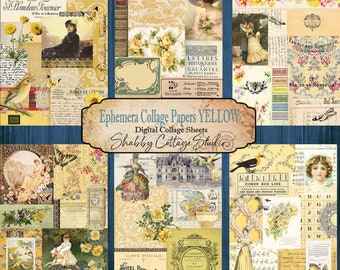 Ephemera Collage Papers Yellow - Printable Paper Pack - Digital Tear Sheet - Instant Download - Paper Craft - Journal Ephemera