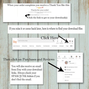 Pode incluir: Uma captura de tela de um site Etsy mostrando como encontrar seus downloads digitais ap&oacute;s comprar um item. O texto na tela diz "Clique no link para acessar seu download(s)" e "Clique aqui". O texto tamb&eacute;m diz "Voc&ecirc; tamb&eacute;m receber&aacute; um e-mail do Etsy com seus links de download. Sempre verifique suas pastas de SPAM/JUNK se voc&ecirc; n&atilde;o encontrar o e-mail."
