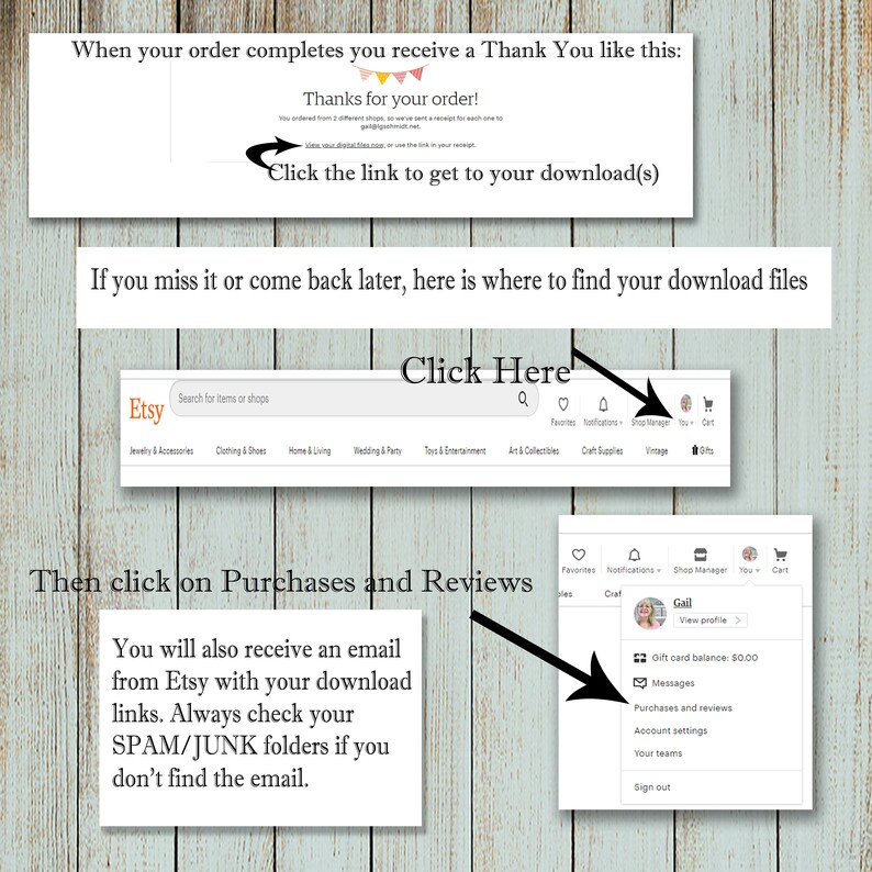 Pode incluir: Uma captura de tela de um site Etsy mostrando como encontrar seus downloads digitais ap&oacute;s comprar um item. O texto na tela diz "Clique no link para acessar seu download(s)" e "Clique aqui". O texto tamb&eacute;m diz "Voc&ecirc; tamb&eacute;m receber&aacute; um e-mail do Etsy com seus links de download. Sempre verifique suas pastas de SPAM/JUNK se voc&ecirc; n&atilde;o encontrar o e-mail."