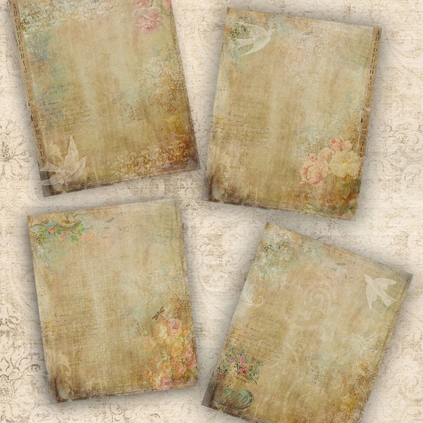 Aged Floral Paper INSTANT DOWNLOAD DIGITAL Postcards Backgrounds Tags Journal Pages Victorian Grungy  Scrapbooking Greeting Cards