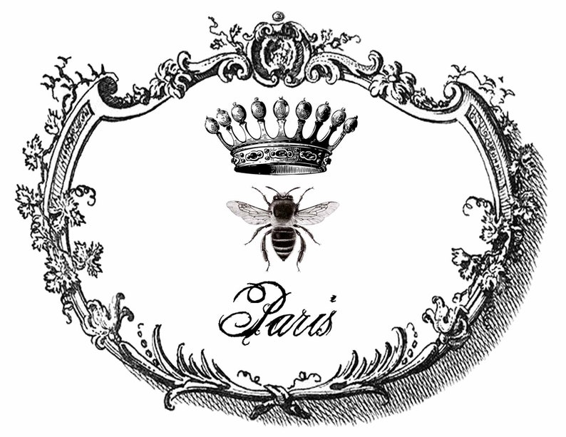 May include: Black and white illustration of a crown, bee, and the word "Paris" inside a decorative oval frame.