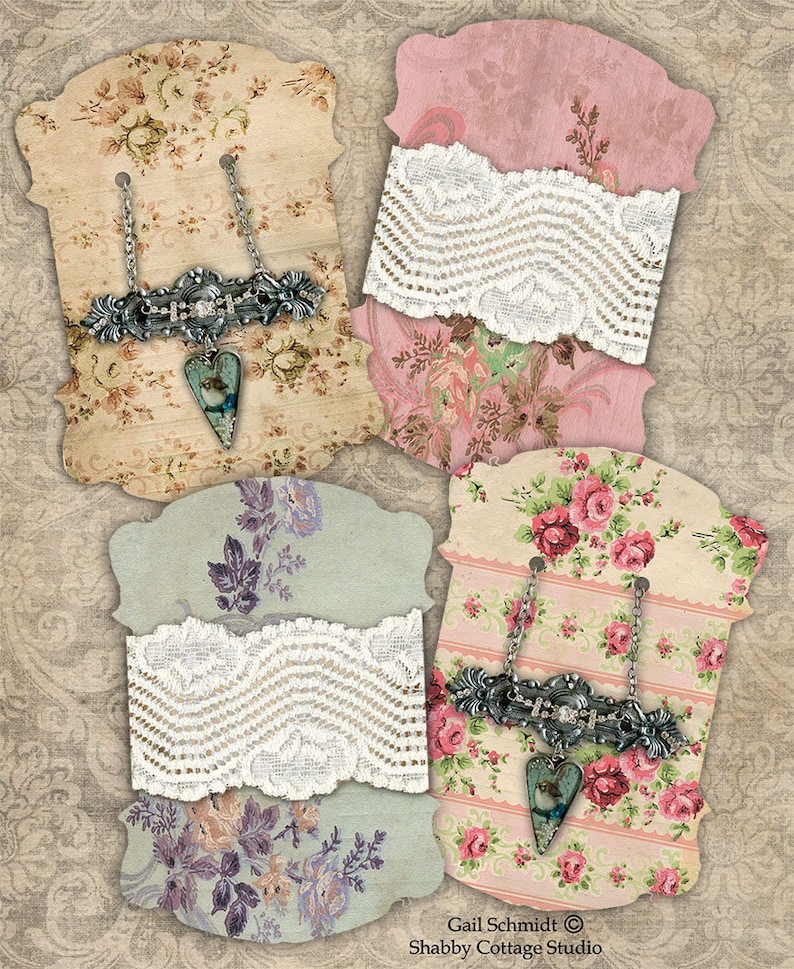 Vintage Floral PRINTABLE DIGITAL SHEET Tags Lace/Ribbon/Twine Card Jewelry Holder Gift Tag Journal Card image 1