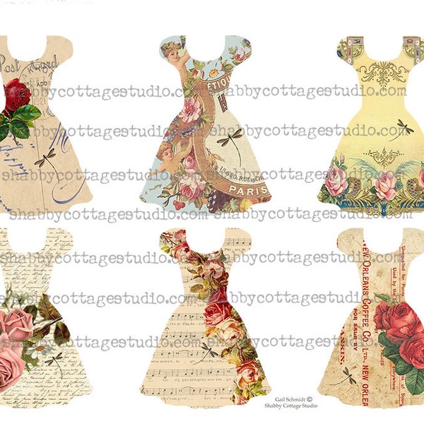 Party Dress Collection 3 - Tags Roses and  Dragonflys - INSTANT DOWNLOAD  DIGITAL Collage Sheet