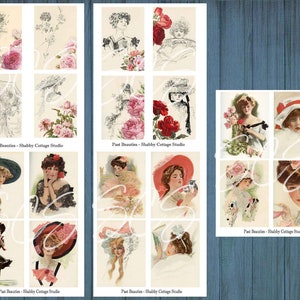 Peut inclure: Une feuille de collage num&eacute;rique avec 16 images vintage de femmes dans diff&eacute;rentes poses et tenues. Les images sont en noir et blanc et en couleur, et pr&eacute;sentent des fleurs, des chapeaux et d'autres accessoires. La feuille est intitul&eacute;e "Past Beauties - Shabby Cottage Studio".