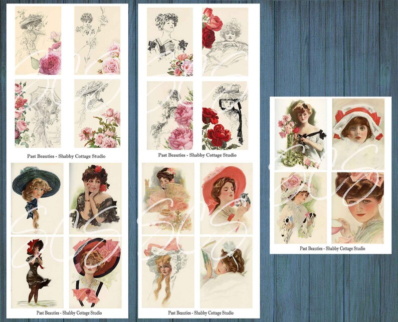 Peut inclure: Une feuille de collage num&eacute;rique avec 16 images vintage de femmes dans diff&eacute;rentes poses et tenues. Les images sont en noir et blanc et en couleur, et pr&eacute;sentent des fleurs, des chapeaux et d'autres accessoires. La feuille est intitul&eacute;e "Past Beauties - Shabby Cottage Studio".