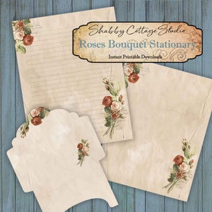 Juego de papel y sobres de escritura 8.5 x 11 - Papelería de rosas imprimible - Papel sin forro y forrado - Descarga digital instantánea