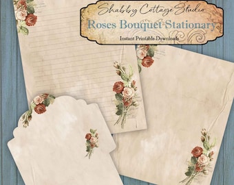 Writing Paper and Envelope Set 8.5 x 11 - Printable Roses Stationery - Unlined and Lined Paper - Instant Digital Download
