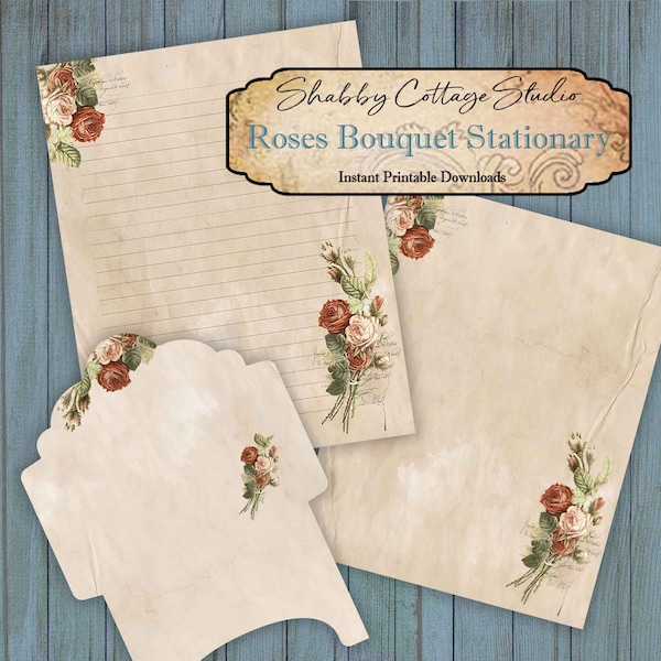 Writing Paper and Envelope Set 8.5 x 11 - Printable Roses Stationery - Unlined and Lined Paper - Instant Digital Download