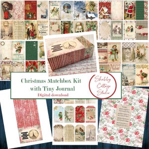 May include: A digital download kit for creating a Christmas matchbox with a tiny journal. The kit includes a variety of images, papers, and tags with a vintage Christmas theme. The images feature red, green, and white colors with a shabby chic style.