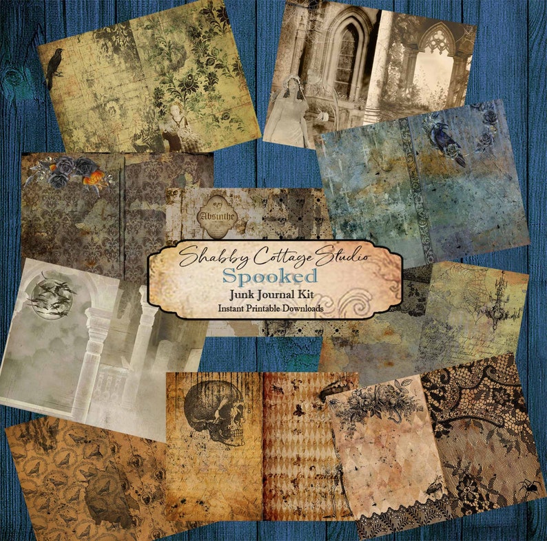 Pode incluir: Um kit de colagem digital com tema assustador. O kit inclui 12 imagens imprim&iacute;veis com designs de estilo vintage com caveiras, corvos e arquitetura g&oacute;tica. O kit &eacute; intitulado "Spooked Junk Journal Kit" e est&aacute; dispon&iacute;vel para download instant&acirc;neo.