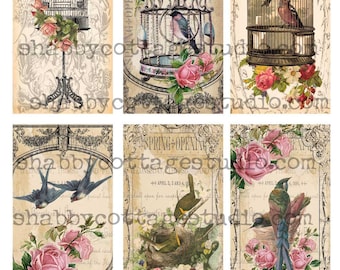 INSTANT DOWNLOAD TAGS Collage Sheet Birds and Roses Romantic Birdcages Digital