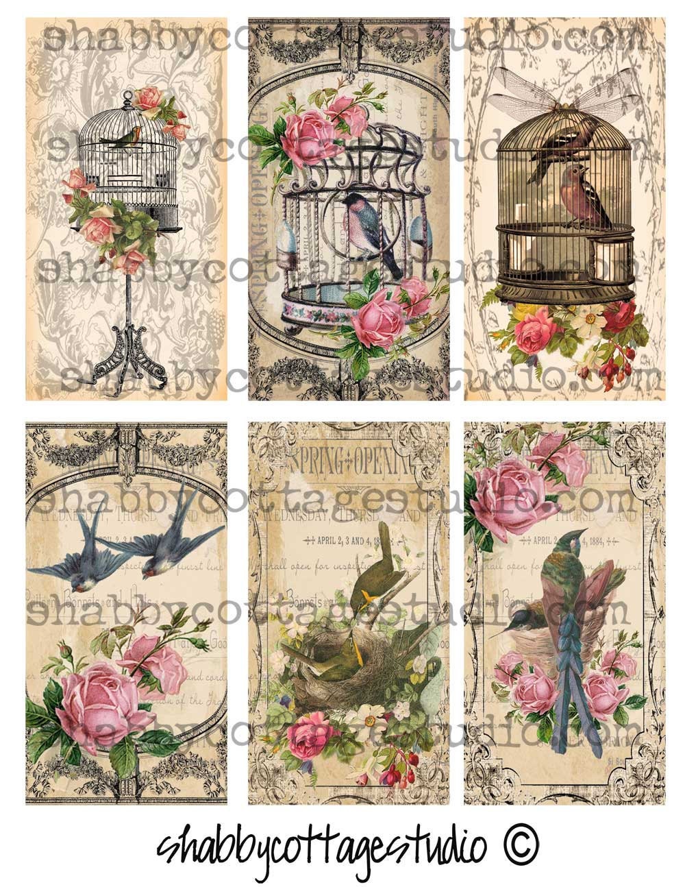 INSTANT DOWNLOAD TAGS Collage Sheet Birds and Roses Romantic Birdcage…