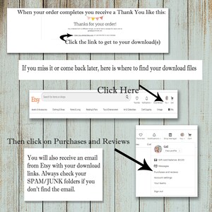 Puede incluir: Una captura de pantalla del sitio web de Etsy que muestra c&oacute;mo encontrar tus descargas digitales despu&eacute;s de comprar un art&iacute;culo. El texto en la pantalla dice "Haz clic aqu&iacute;" y "Luego haz clic en Compras y rese&ntilde;as".