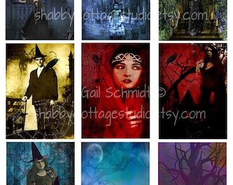 Folha de colagem digital de bruxas, download instantâneo para impressão, Halloween ATC ACEO, etiquetas de fundos, álbum de recortes, arte alterada, confecção de cartões
