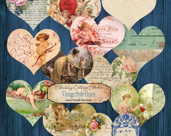 Digital vintage Style Hearts - Feuilles de collage imprimables - Instant Download Ephemera for Junk Journal Kit - Paper Crafting Designs