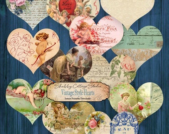 Digital Vintage Style Hearts - Printable Collage Sheets - Instant Download Ephemera for Junk Journal Kit - Paper Crafting Designs