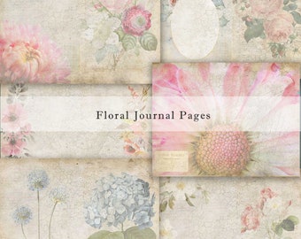 May include: A set of six digital scrapbook paper pages featuring a vintage aesthetic with floral designs in shades of pink, blue, and green. The pages have a distressed, textured background.